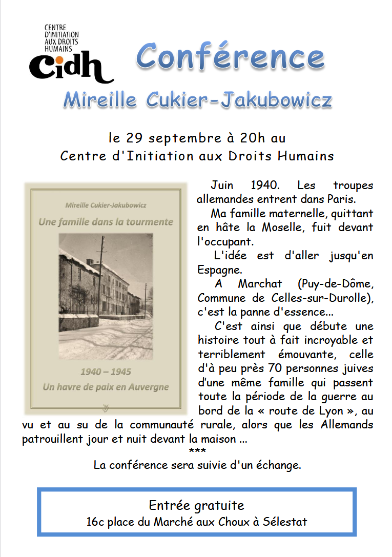 Conférence Mireille Cukier-Jakubowicz le 29 semptembre à 20h au CIDH